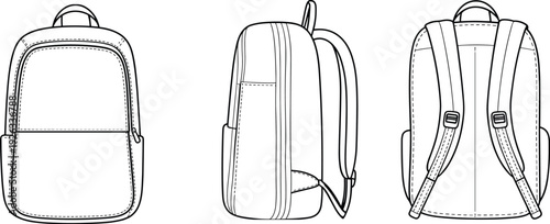 School backpack line art set, modern student travel bag front side back view flat vector illustration isolated