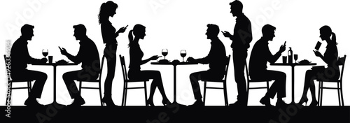 Black vector silhouette of diverse people dining at a restaurant including couples eating at tables and individuals using smartphones for urban lifestyle designs