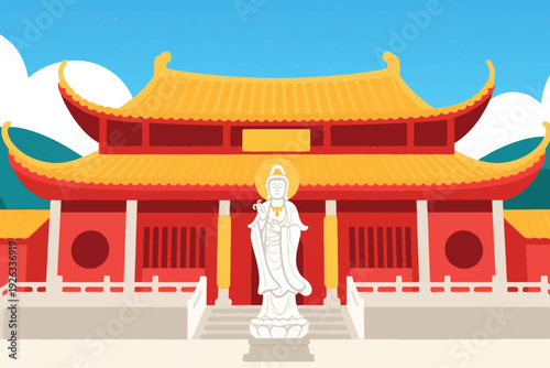 Illustration Of A White Standing Buddha Statue In Front Of The Rear Facade Of The Temple Vector Design Template