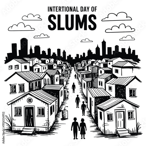 International day of slums, hand drawn illustration of urban informal settlement