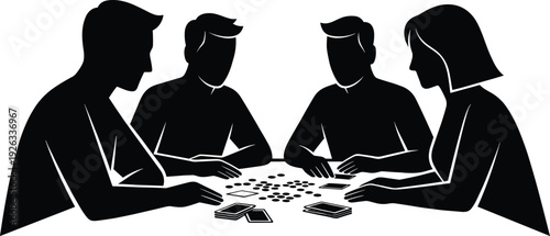 Black vector silhouette of four people including three men and one woman sitting at a table playing a strategic board game with cards and coins