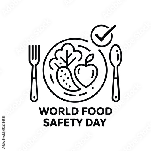 World food safety day linear icon with plate vegetables and healthy meal sign