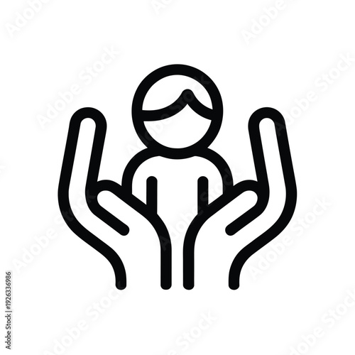 Child protection icon with hands holding human symbol on transparent background