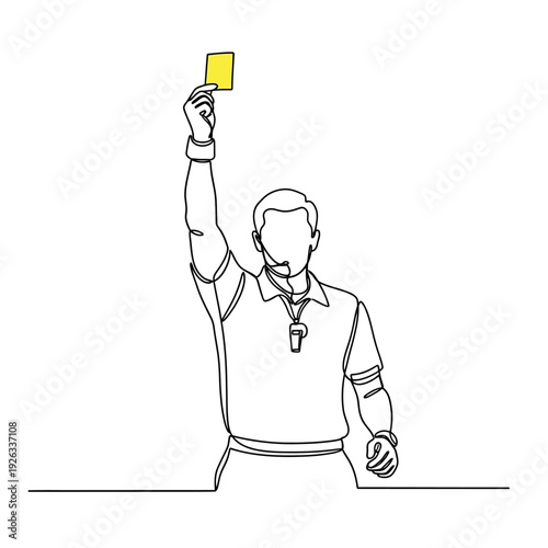 Continuous Line Drawing Of A Referee Showing A Yellow Card