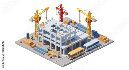 Miniature Construction Site with Cranes and Buildings.