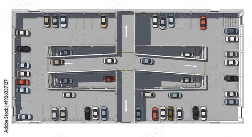 Aerial view of a multi-level parking structure with numerous vehicles parked.