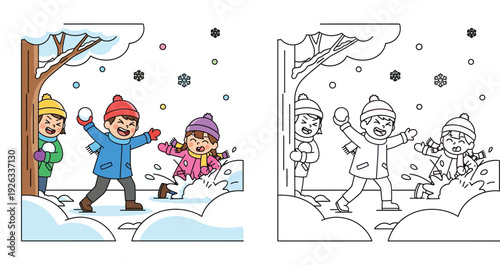 Winter snowball fight coloring page. Cute cartoon children playing in snow. Color illustration and black and white line art vector graphic for kids activity book.