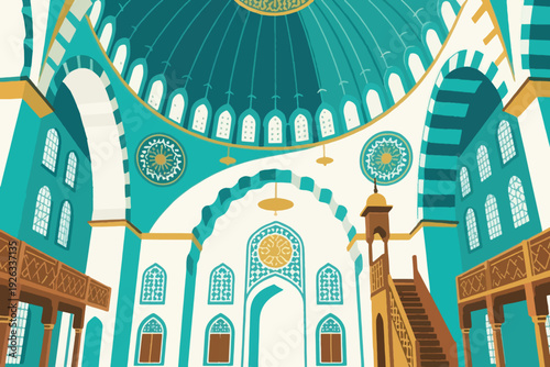 Illustration Of An Old Islamic Mosque Interior, With Intricate Geometric Patterns, Gold Calligraphy On The Walls, Glass Lighting Vector Design Template