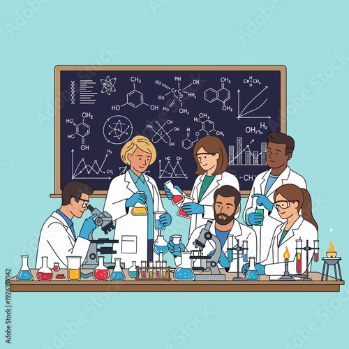 Diverse Scientists in Lab Coats Conduct Experiments with Microscopes and Beakers