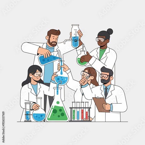 Diverse scientists in lab coats conducting experiment with colorful liquids in beakers
