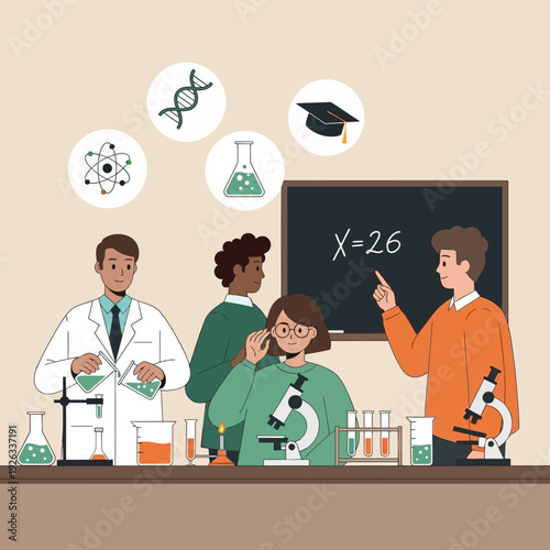 Diverse students and teacher in science lab, learning chemistry and biology with microscopes and beakers