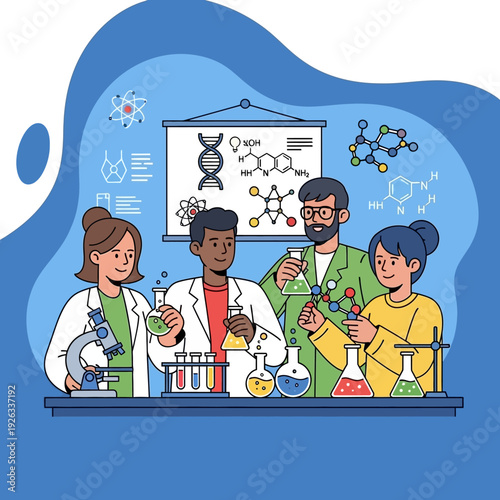 Diverse students and teacher in science lab conducting experiment with molecules and DNA