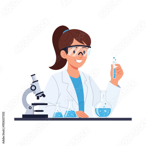 Female scientist in lab coat and goggles holding test tube with blue liquid, microscope and flasks