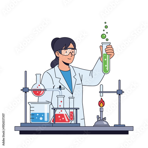 Female scientist in lab coat and goggles conducting experiment with bubbling green liquid in test tube