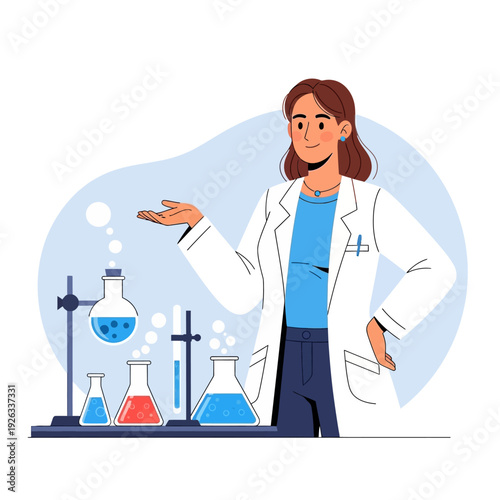 Female scientist in lab coat with flasks and test tubes, conducting experiment