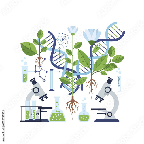Biotechnology concept: DNA, plants, microscopes, and lab equipment, scientific research