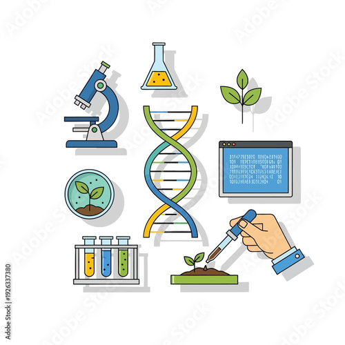 Biotechnology research with DNA, microscope, plant growth, and lab equipment