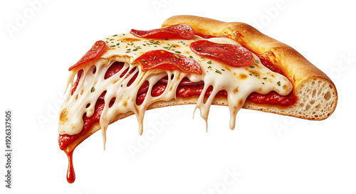 Delicious slice of pepperoni pizza dripping with melted cheese and rich tomato sauce on transparent background