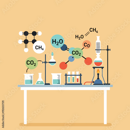 Chemistry Lab Setup with Molecules, Beakers, and Bunsen Burner
