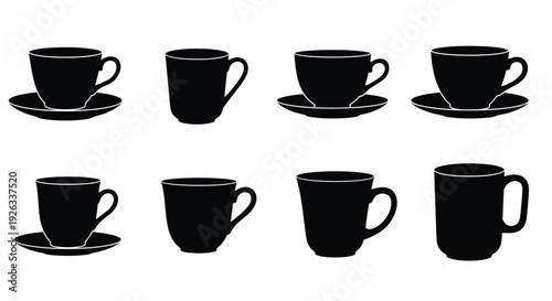 Black silhouette icons depicting various coffee or tea cups and saucers