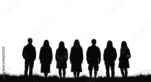 Silhouettes of seven people standing in a row against a bright background