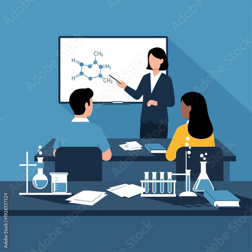 Chemistry teacher explaining molecular structure to students in classroom with lab equipment