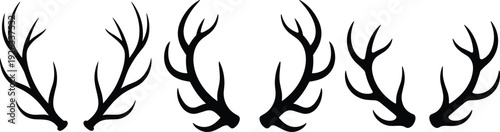 Stag antler silhouette set, black deer horn collection isolated hunting trophy wildlife vector illustration bundle