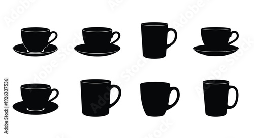 Black silhouette icons depicting various coffee or tea cups and saucers