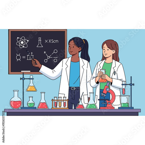 Diverse female scientists in lab coats conduct experiment with beakers and microscope