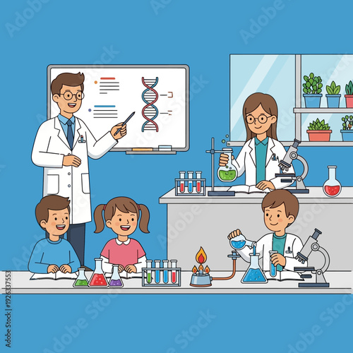 Children learning science in a classroom with teachers and experiments