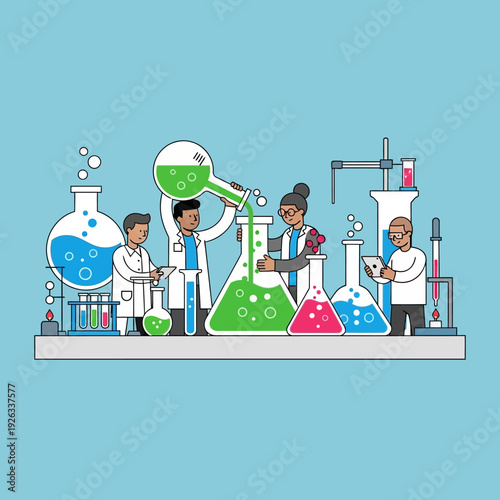 Diverse scientists conduct experiment in modern laboratory with colorful liquids