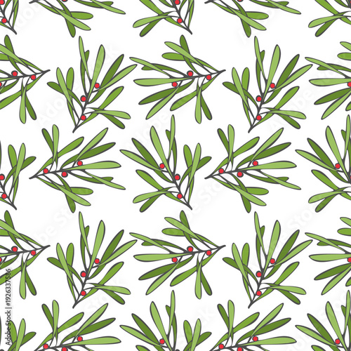 Mistletoe pattern, an evergreen plant with green leaves and red berries, for textiles, clothing, and home decor, associated with winter holidays, especially Christmas.