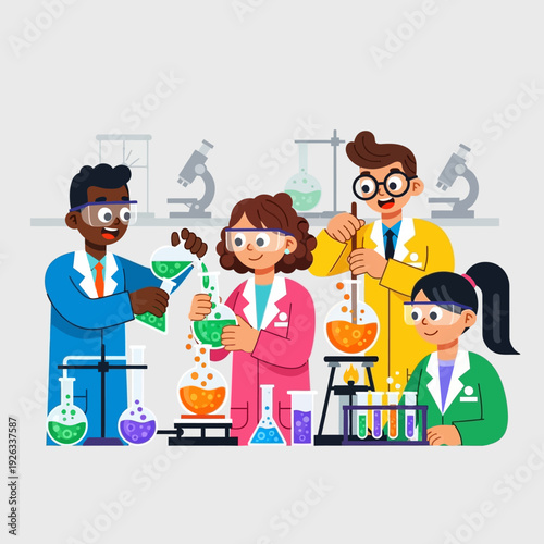 Diverse scientists conducting experiments in a modern laboratory, teamwork and education