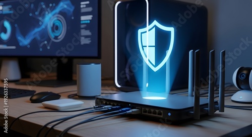 Secure Wireless Router with Glowing Shield Icon for Cyber Security
