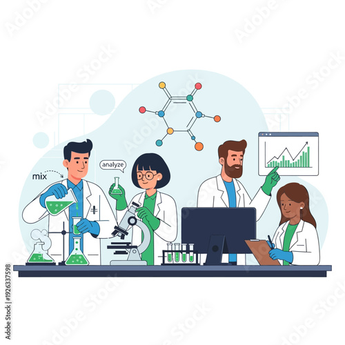 Diverse scientists in lab coat conducting experiment, analyzing data, and researching molecules