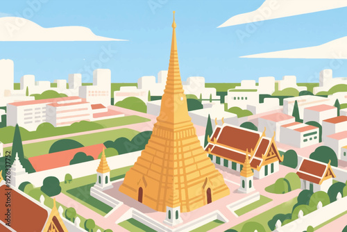 Illustration Of Tourism Travel With Historical Architecture Golden Pagoda, In The Middle Of The City Crowd Of Bright Blue Sky Vector Design Template