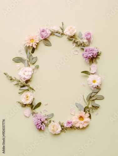 Spring floral background with decorative frames and wreaths. Romantic flower composition for invitations, greeting cards, branding and seasonal design projects.