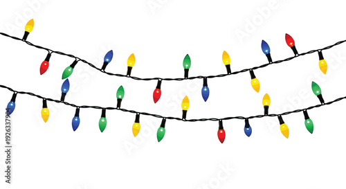 Strings of colorful incandescent C9 Christmas lights featuring a vibrant assortment of red, green, blue, and yellow bulbs