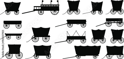 Western Wagon Silhouettes Collection Set, Vintage Pioneer Covered Carriage Black Isolated Transport Icons Flat Vector Illustration