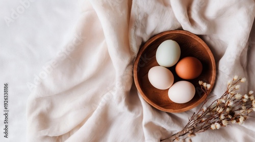 Wallpaper Mural Top view of natural eggs in a wooden bowl on soft linen with a dried plant on a neutral surface. Torontodigital.ca