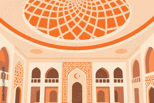 Illustration Of Mosque Interior, Intricate Geometric Patterns, With Spacious Rooms Vector Design Template