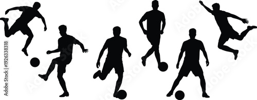 Soccer players silhouettes in dynamic action poses, football athletes dribbling kicking black vector isolated illustration set
