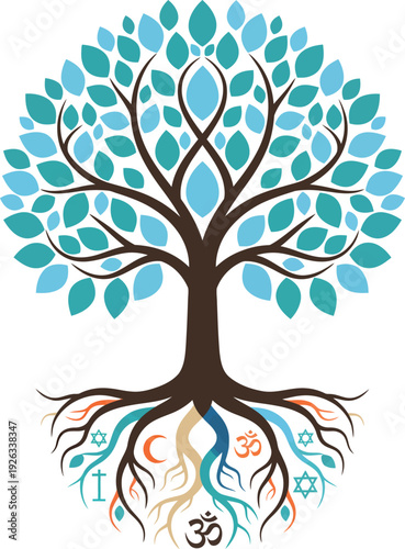 Symbolic tree illustrating the profound unity and harmonious coexistence of diverse world religions and spiritual beliefs, deeply rooted in shared humanity