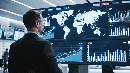 Executive Analyzing Global Business Data on Large Digital Screens