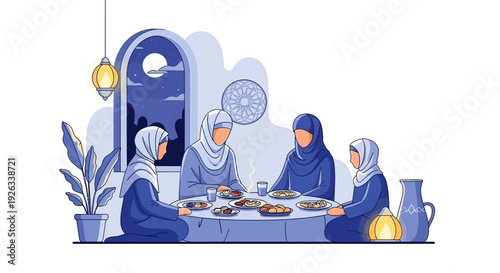 Illustration of a Muslim family sharing a meal together during Ramadan, with traditional iftar or sahur, in a simple design.