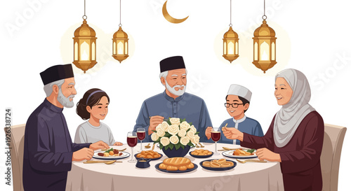 Illustration of a Muslim family sharing a meal together during Ramadan iftar, with traditional food and decorations, conveying a sense of community and celebration.