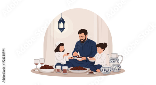 Vector illustration of a Muslim family with children breaking their fast together on a traditional Ramadan iftar table with food and drinks in a decorative setting.