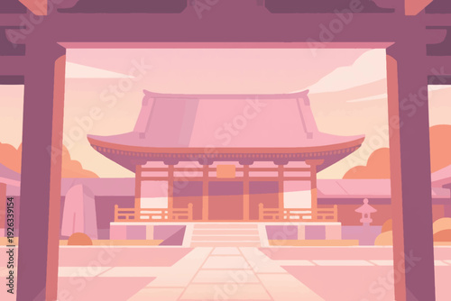 Illustration Of An Ancient Temple Scene With Two Traditional Wooden Pillars Vector Design Template