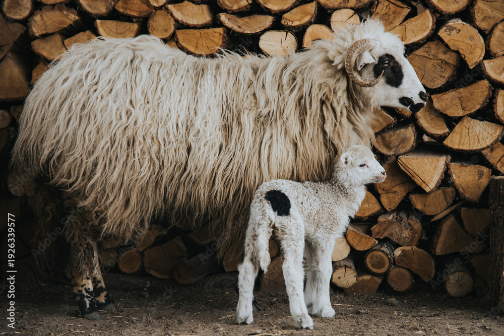 Fototapeta premium Small newborn lamb and ewe.