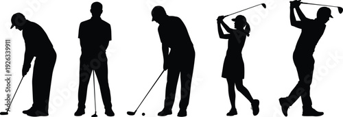Golf player silhouettes set with putting and swinging poses, sport activity isolated black vector illustration collection